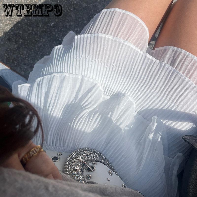 WTEMPO Sommer Frauen Elastische Taille Mini Röcke Damen Chiffon Casual Solide Kuchen Röcke Weibliche Schwarz Weiß Kurzen Plissierten Rock