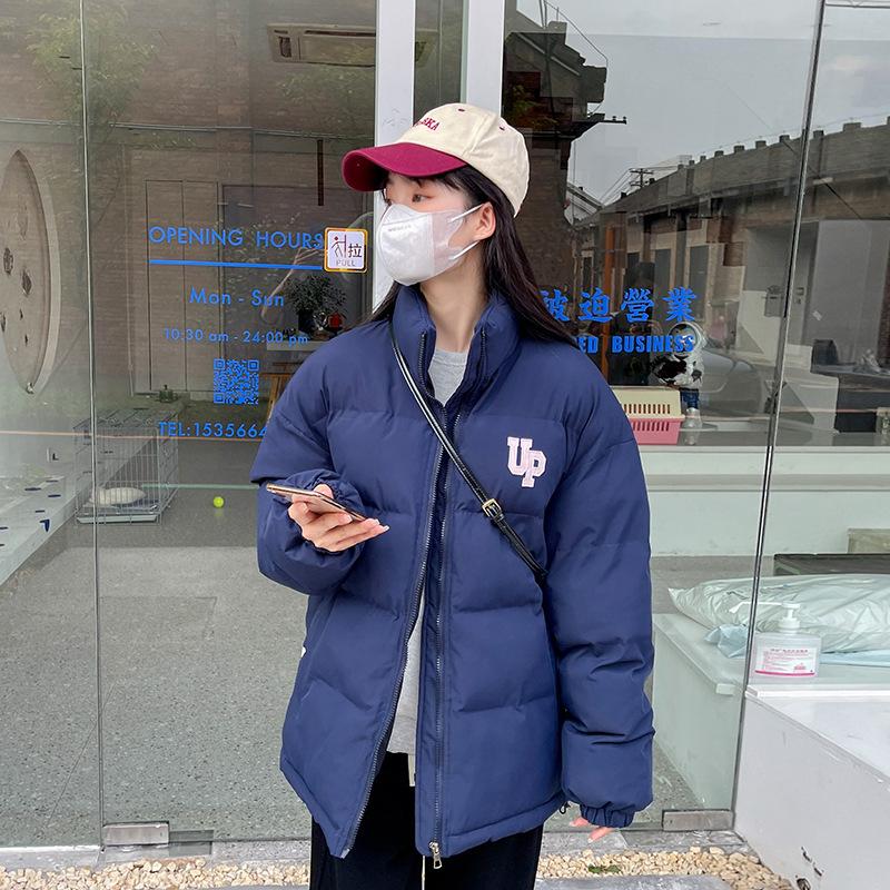 Winter fashion stand-up collar contrast cotton jacket women's short 2025 new letter loose bread jacket padded jacket thickened jacket