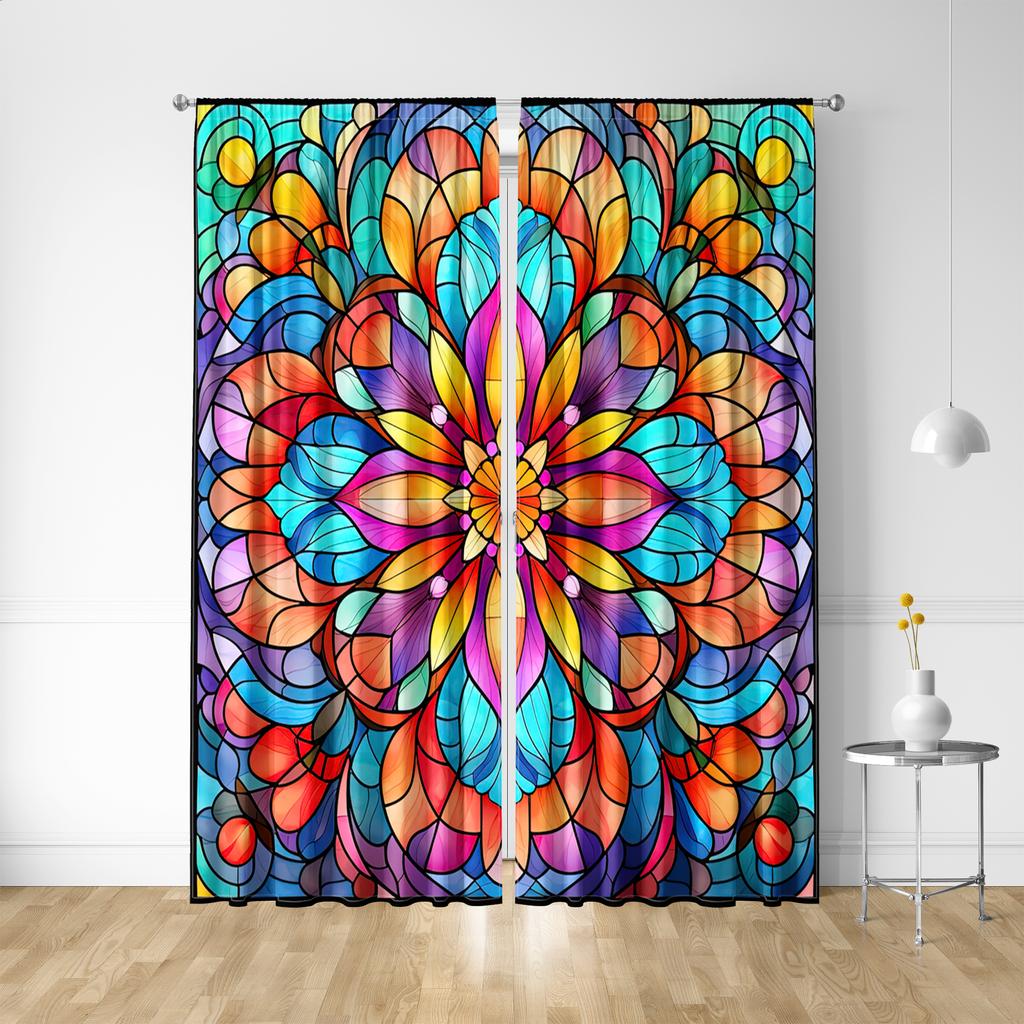 2PC Home Decoration Curtains, Geometric Leaf Flower With Rod Pocket Curtains, Kitchen, Coffee Shop, Living Room, Balcony, Garden