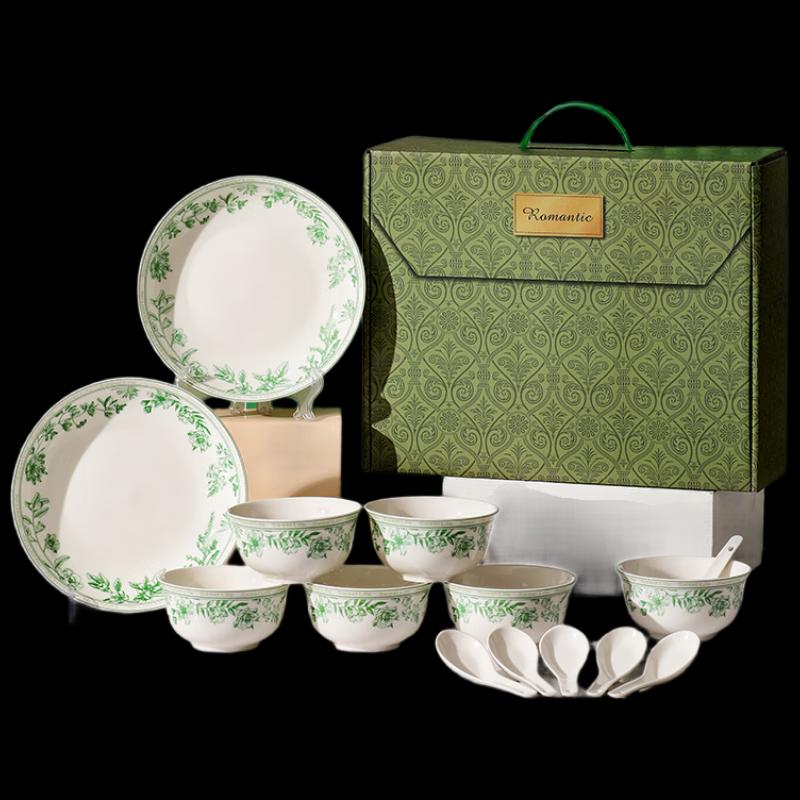 French Countryside Ceramic Dining Set - 6 Bowls, 6 Spoons, 2 Plates