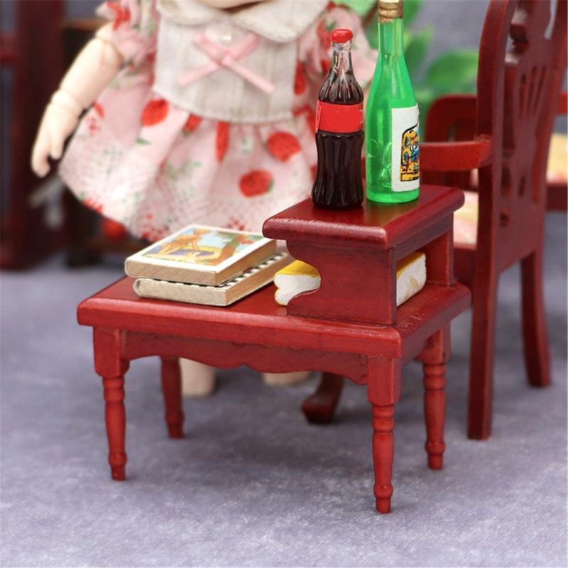Vintage 1/12 Dollhouses Miniature Wood Coffee Table Two Tiers Side Desk for Living Room Decoration Model Scene Decors