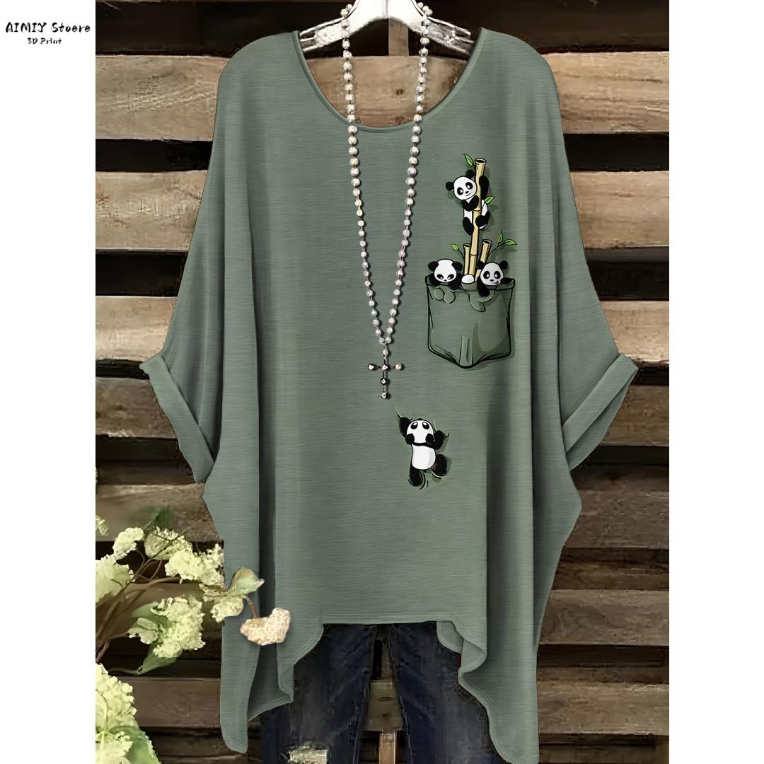 

2025 Богемний Шик Оверсайз Мінімалістична Милий Принт Панди Неправильний Низ Футболка з Круглим Вирізом Стильна та Універсальна Машинне Прання 5XL