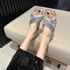2025 New Fashion Large Size Sweet Lady Sequins Square Head Fashion Foreign Style Flat Bottom Cool Slippers