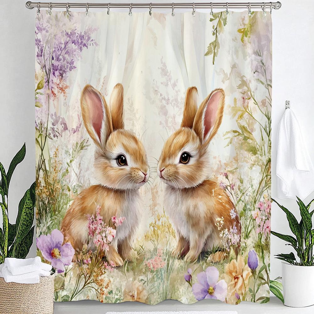 1pc Cute Rabbit Cheerful Shower Curtain, Flower Plant Print Waterproof Shower Partition Privacy Hanging Curtain with Hooks