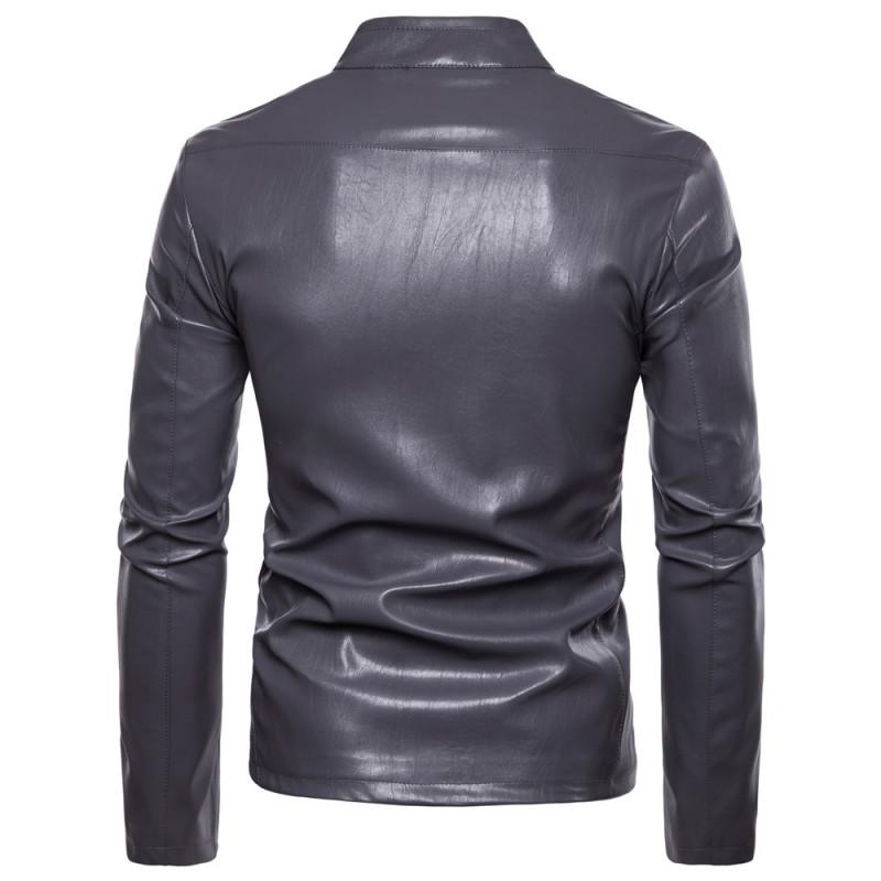 Nová kožená bunda Lapel Pánská PU bunda Trim Límec Zip Cardigan Jednobarevná bunda Kožená Pánská