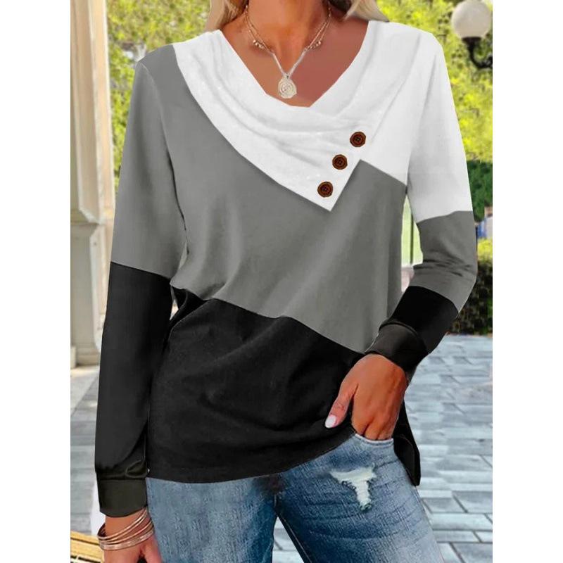 Women s New Color Block V-Neck Long-Sleeve Casual T-Shirt XL разноцветный