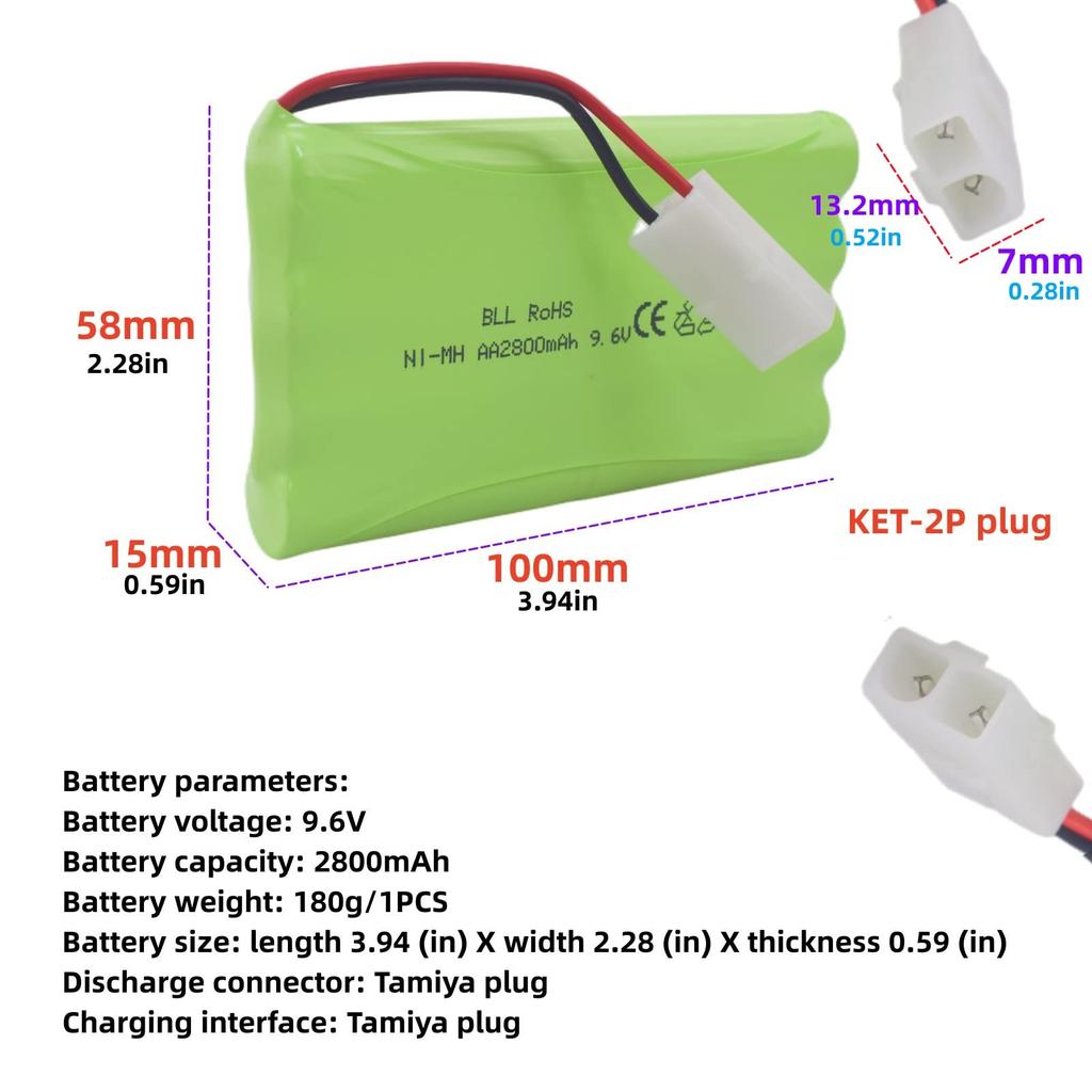2PCS 9.6V 2800mAh AA Plug Tamiya Plug and USB Charging Cable for Remote Control Cars, Trucks, Tanks, Construction Vehicles, and RC Boats
