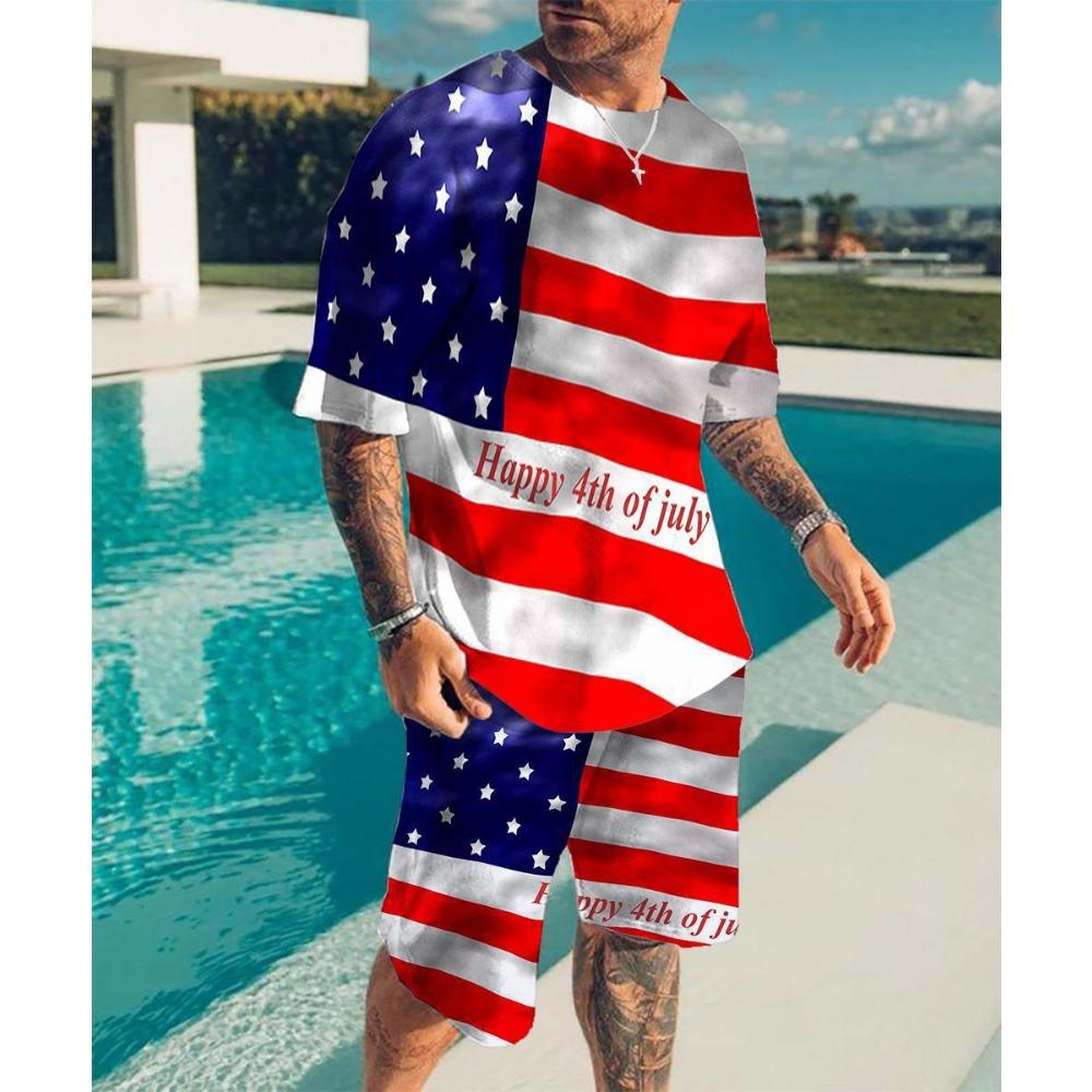 New Vintage Style Men's Beach Shorts Set 3D USA Flag Print Short Sleeve T-shirt+Shorts 2 Pcs Set Summer Oversized Tracksuit Suit