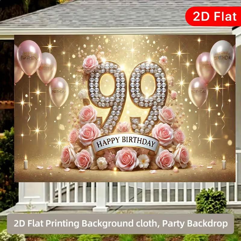 2D Pink Floral 99th Birthday Backdrop, Luxury Celebration Photo Booth Decor