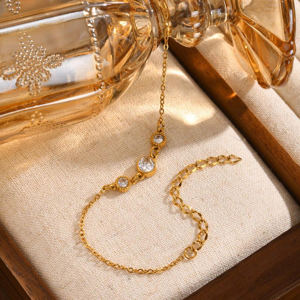 Stainless Steel Three White Zirconia Bracelet Flat Rolo Chain for Women Gold Color Adjustable Engagement Party Trendy Jewelry