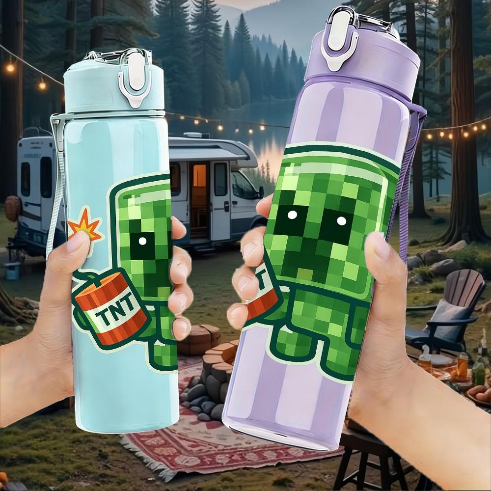 1PC Green Zombie Game Character 750ml Color Plastic Sports Water Bottle Leakproof Flip Straw Lid Suitable for Sports Office Home Use