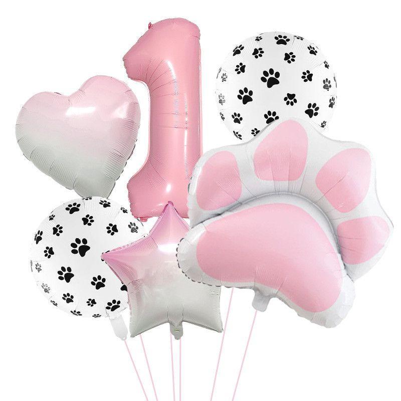Pink and Cute Cat Paw Birthday Balloon Set, Pet Birthday Balloon, Cute Pink Digital Balloon Set