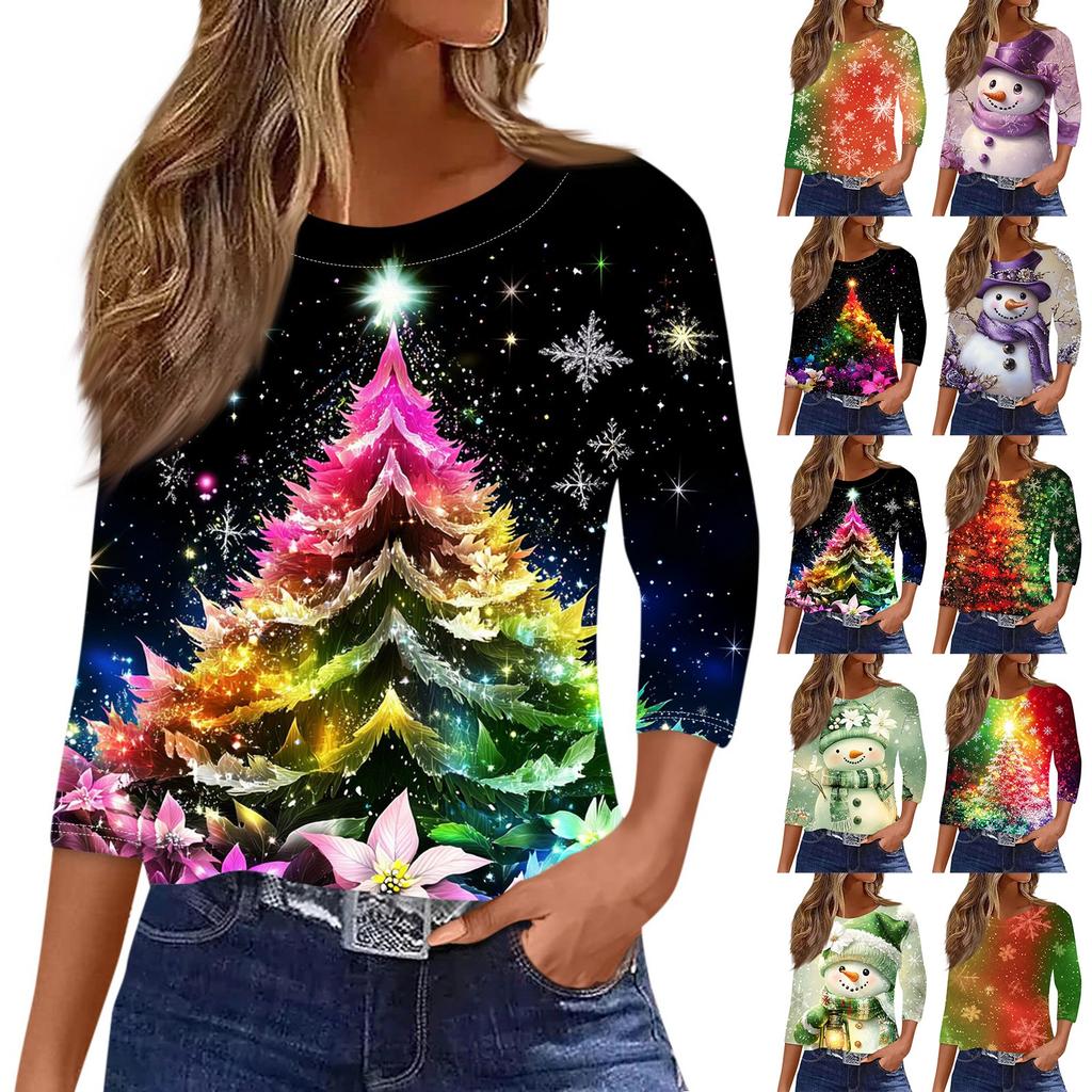 Dámská vánoční košile s kulatým výstřihem a potištěným sedmičtvrtečním rukávem.