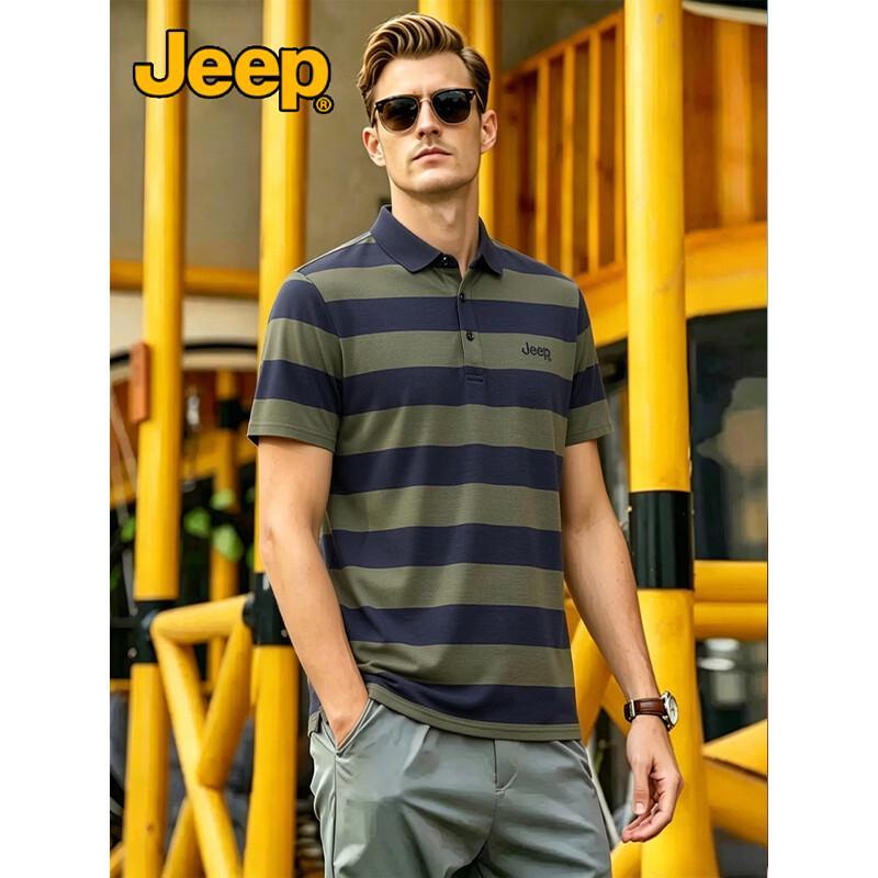 JEEP Men s Summer Anti-Wrinkle Striped Ice Silk Polo Shirt 4XL