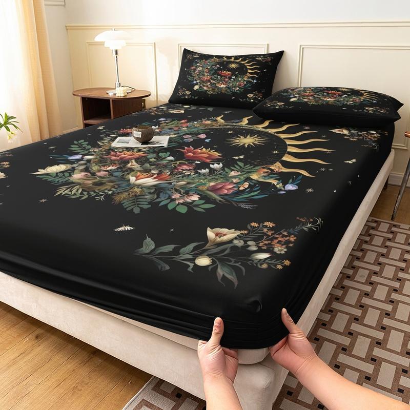 3pcs Black Bohemian Golden Sun Fitted Sheet Set Four-season Luxury Printed Bedding Home or Dorm(1 Fitted Sheet+2 Pillowcases)