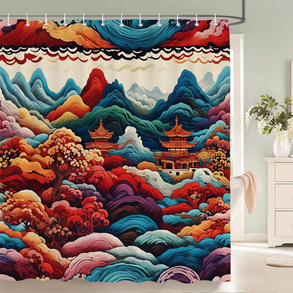 Watercolor Japanese Landscape Style Shower Curtain, Texture Fabric Bathroom Decor Waterproof Fabric Shower Curtian with Hooks