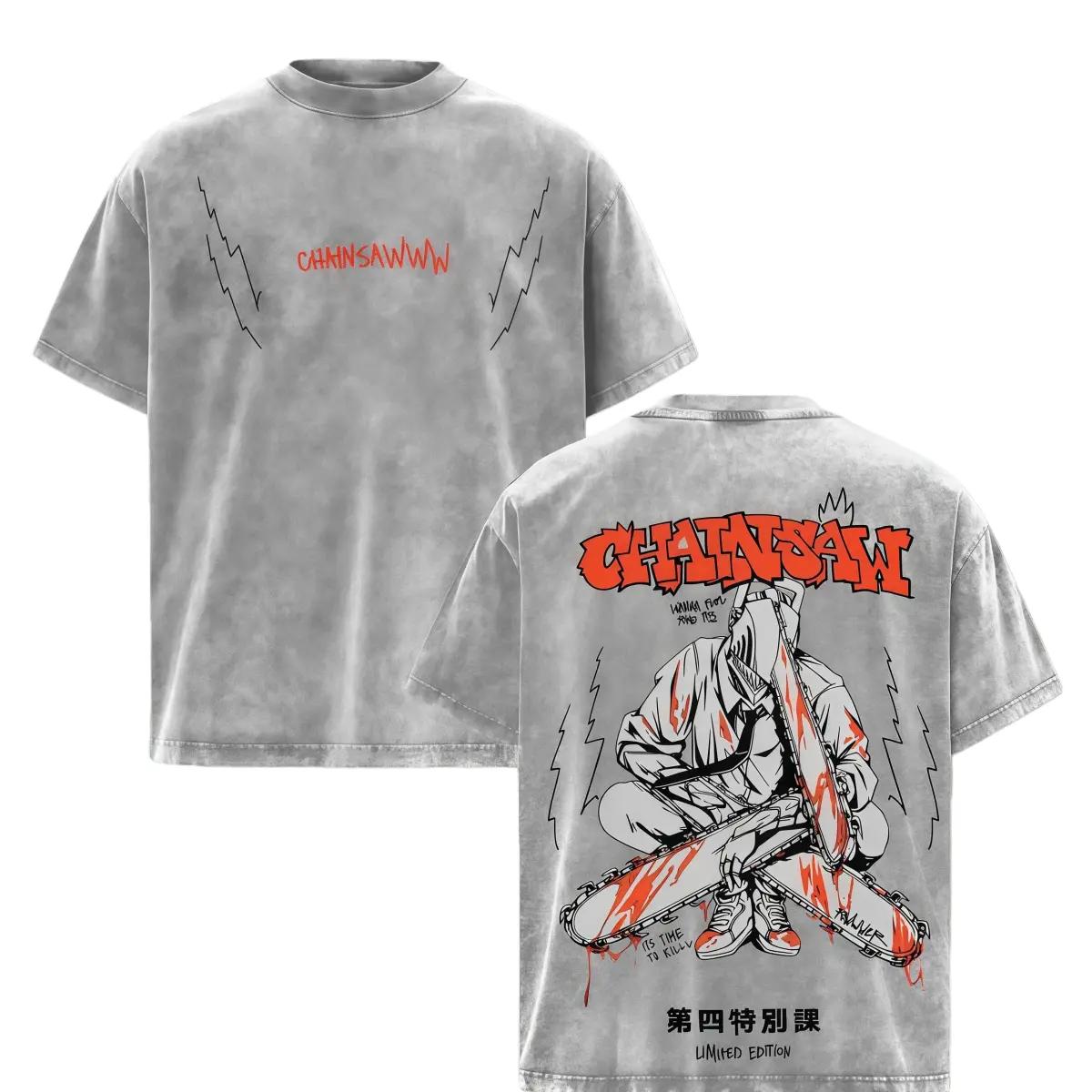Anime Chainsaw Man Denji T-shirt Men Clothing Harajuku Washed Oversized T Shirt Summer Short Sleeve 100% Pure Cotton Tees Tops S серый
