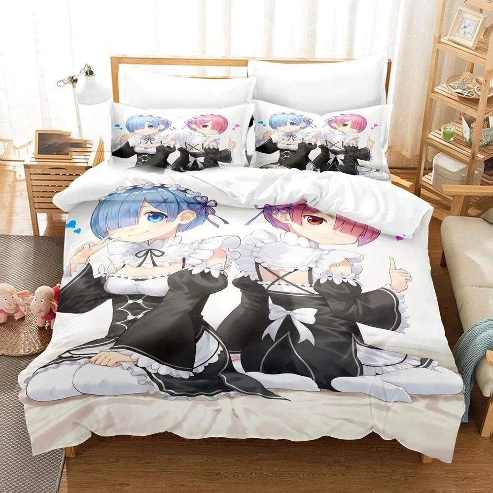 3D Print Anime  Re Zero Rem Ram Emilia Comfortable Duvet Quilt Cover Pillowcase Bedding Set Bedroom Decoration Home Textile