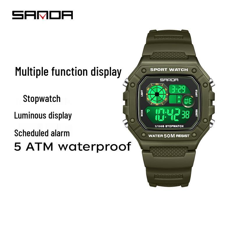 Sanda Teen & Men Multifunctional Waterproof Fashion Square Alarm Clock Watch