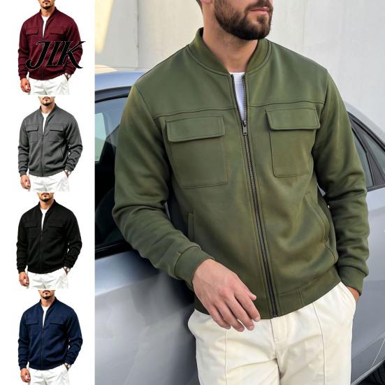 Everyday Basic Sportswear Men Casual Baseball Coat, Lightweight Multi-Pocket Windbreaker, Solid Color Outerwear Outdoor Windbreaker with Stand Collar,