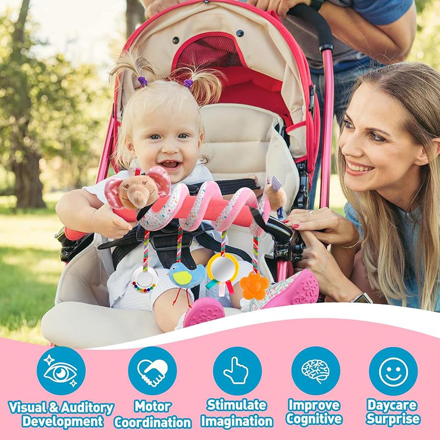 Baby Car Seat Toys Activity Stroller Toy for Boys Girls 0 3 6 9 10 12 Months, Spiral Hanging Plush Toys Activity Stroller Toys