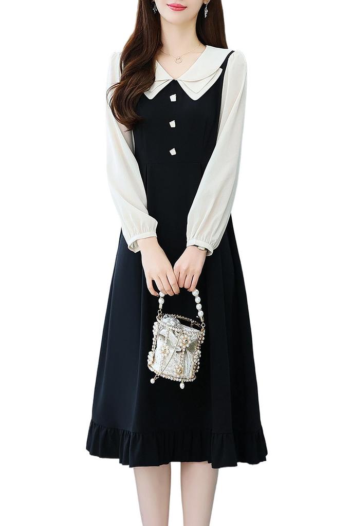 Chubikime Long Sleeve Dress with and Design for a and Feminine Look Women's Midi-Length Flare, Collar, A-Line Slimming, Stylish,