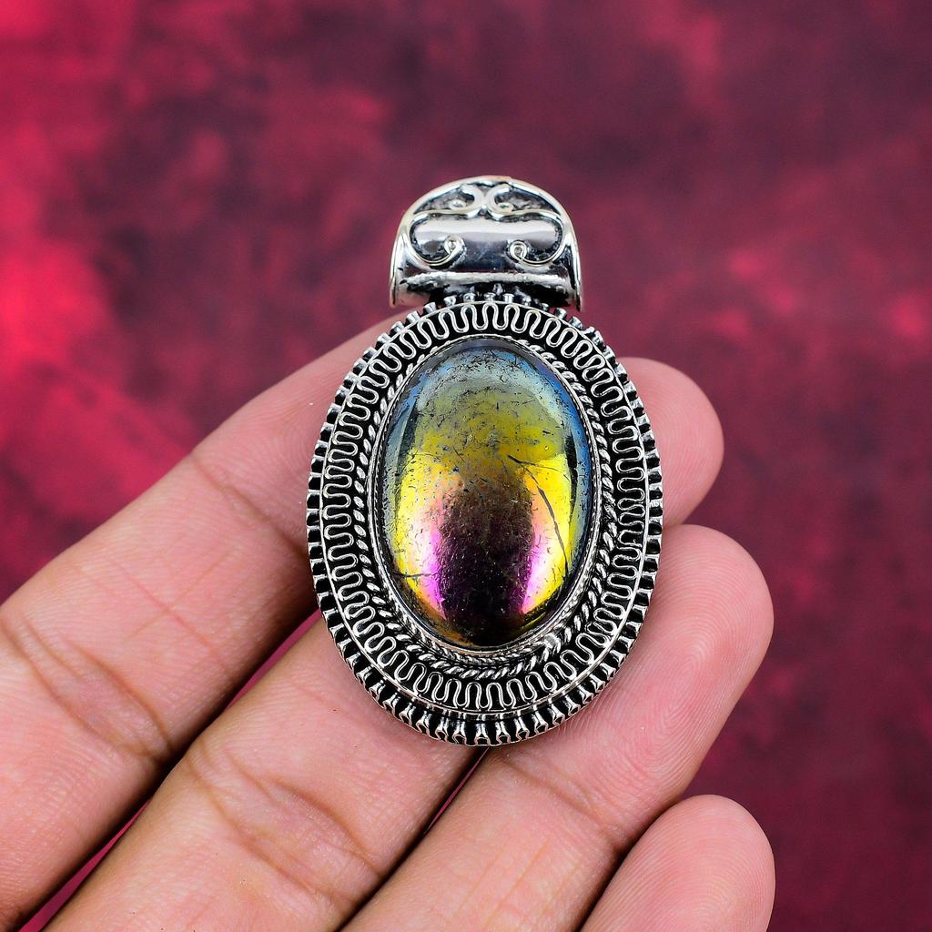 Aura Flash Labradorit 925 Massiv Sterlingsilber Anhänger, Handgefertigter Edelsteinschmuck, Anhänger zum Gedenktag