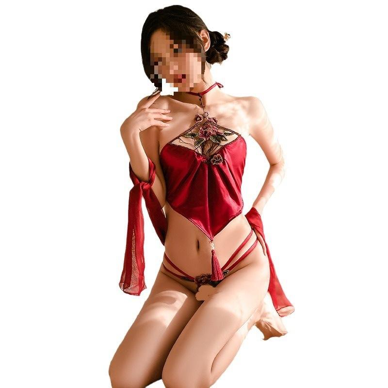 Sexy Seduction antique pajamas set erotic underwear perspective pajamas Hanfu New Year's sexy retro passion belly pocket uniform