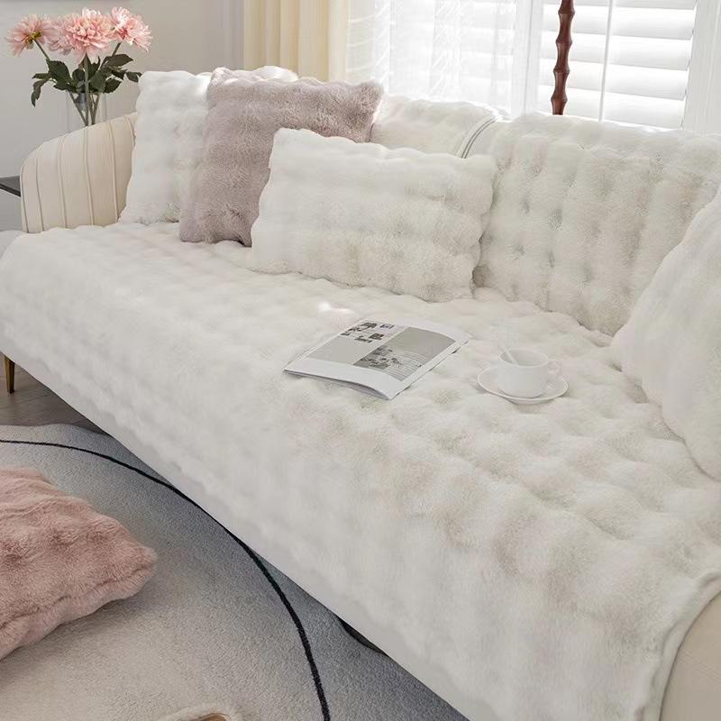 Rabbit Plush  Sofa Cover Winter Thickened Couch Pad Solid Color Premium Anti Slip Sofa Protective Blanket Sofa Dust Cover Towel