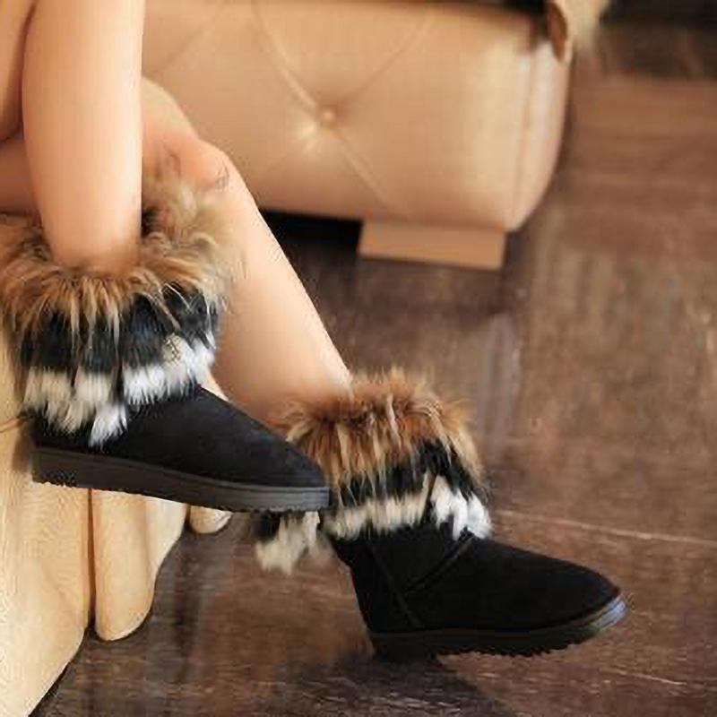 Women's Mid Calf Fur Snow Boots Winter Rubber Sole Round Toe Ankle Covering Pure Color Booties