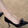 Black Bow High Heels Women's 2025 Spring and Autumn New Pointed Silk Temperament Silver Light Mouth Stiletto Shoes
