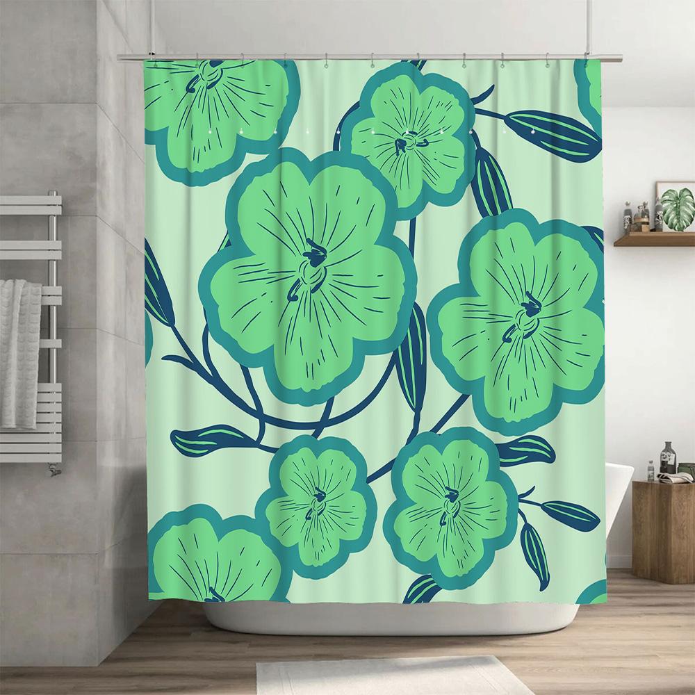 Green Blue Flower Print Shower Curtain, Polyester Fabric Bathroom Decor Waterproof Liner for Home Decoration in Bathrooms from