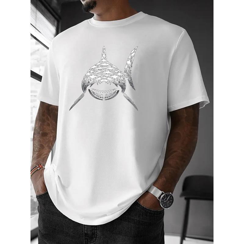 European Sizes Shark Print Trendy Graffiti Letter Print Short Sleeve Summer Regular T-Shirt For Men Crew Neck Tee Top