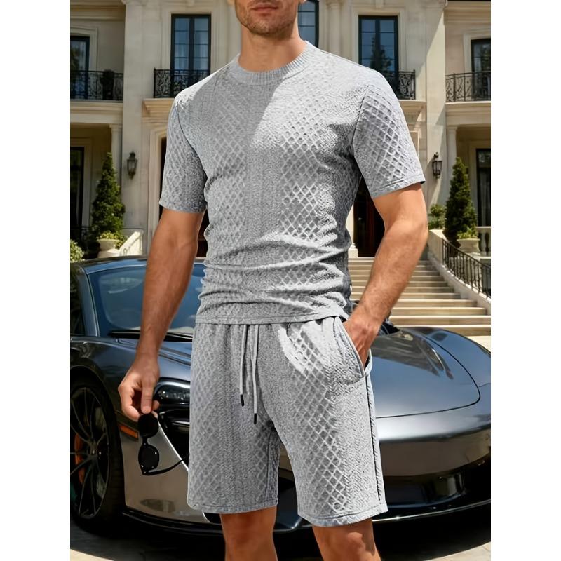 Mens Black Diamond Textured Short Sleeve T-Shirt and Casual Shorts Set