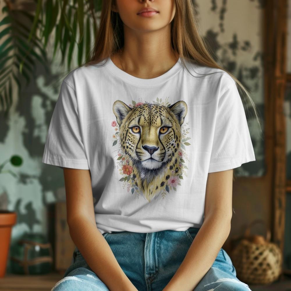 Floral Cheetah Tee, Colorful Cheetah Nature Unisex Botanical Animal T-shirt