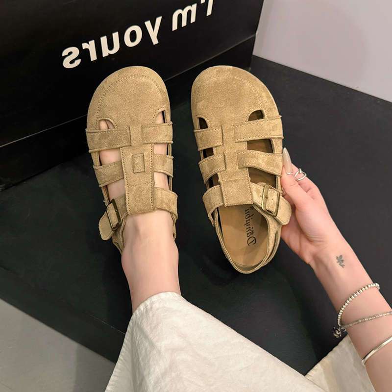 Retro Mori baotou sandaler dame 2025 sommer ny to-veis uthulede halv-tøfler vevde myke flate såler gris bur sko