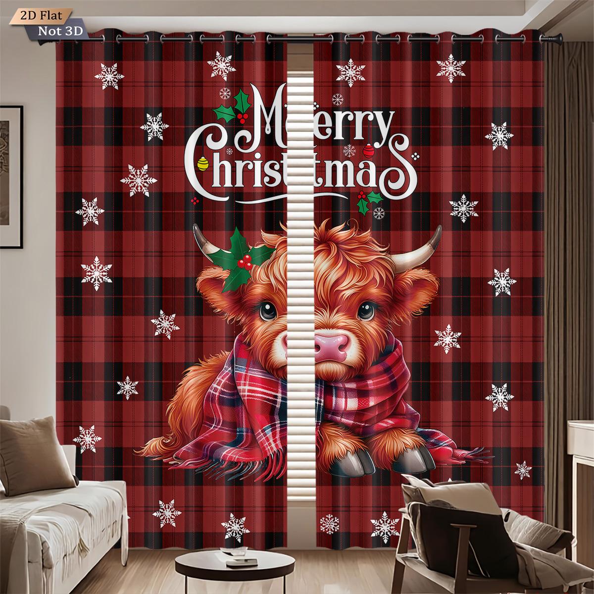

2 Рождественские клетчатые шторы с принтом шотландского скота, светонепроницаемые, разных размеров, для гостиной, изоляционные, декоративные, можно стирать в машине 140x160&Grommet Top