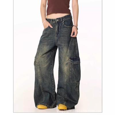 Retro Big Pocket Washed Old Loose Wide Leg Tooling Jeans Men's and Women's Nostalgic Blue Scimitar Pants