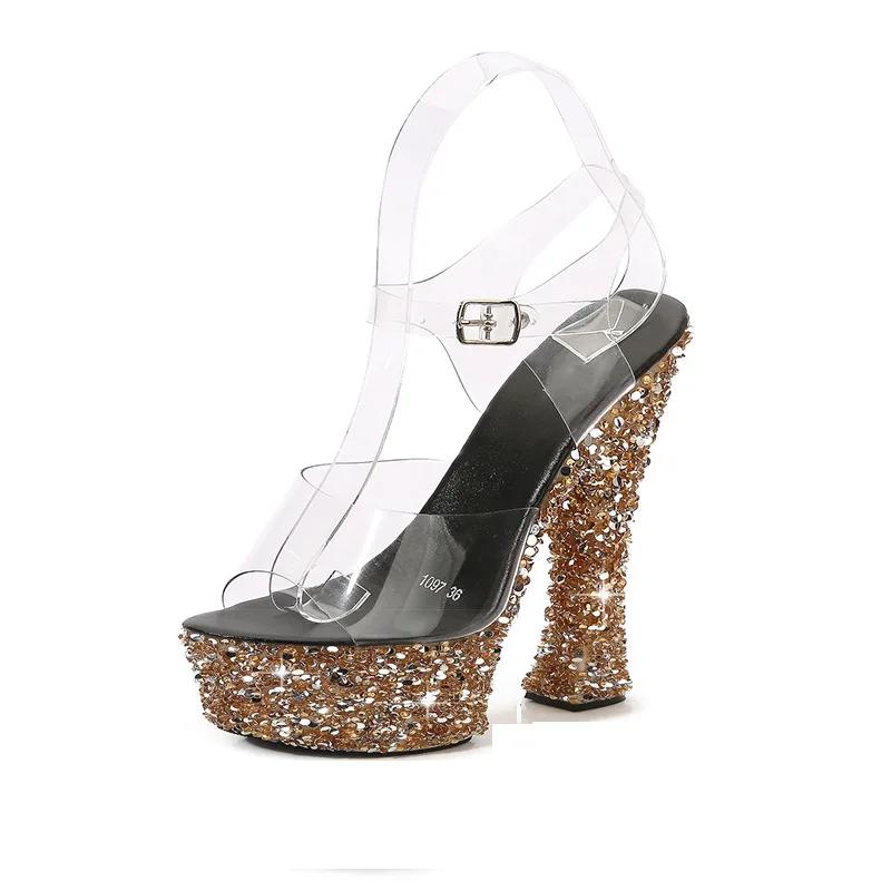 Mode Hentian Hohe Dicke Absatz Sandalen für Damen 2025 Sommer Neu Hoher Absatz Plateau Pailletten Laufstegmodell High Heel Schuhe Damen Slipper