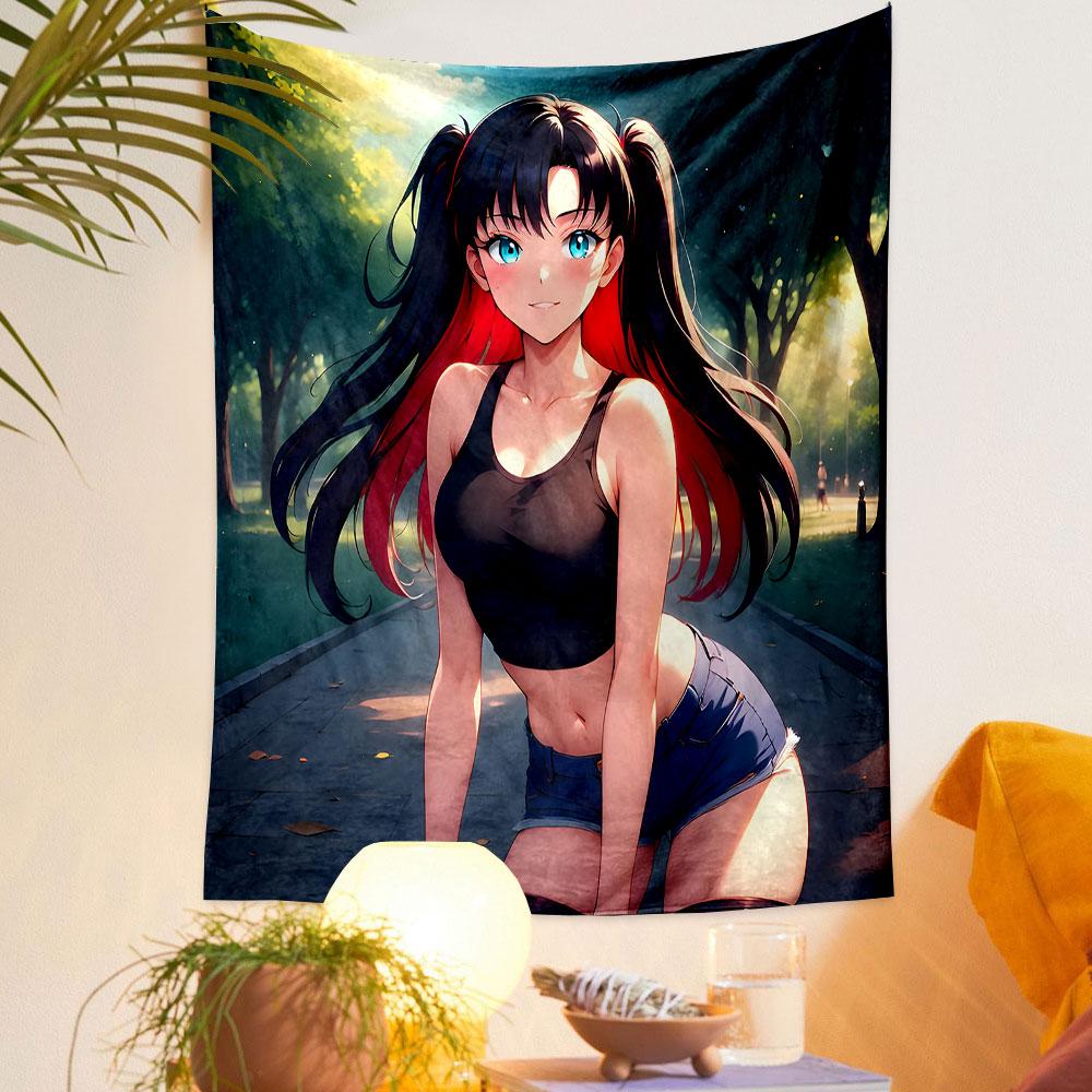 "Anime Girl with Black and Red Hair" Patterned Tapestry Decorative Wall Hanging, Home Bedroom Living Room Decor