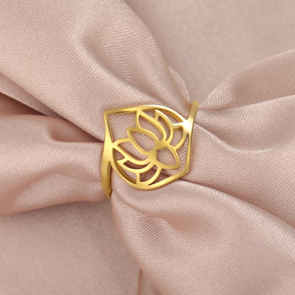 Lotus Flower Finger Rings Stainless Steel Gold Women Ring Yoga Buddhism Amulet Jewelry Birthday Gift