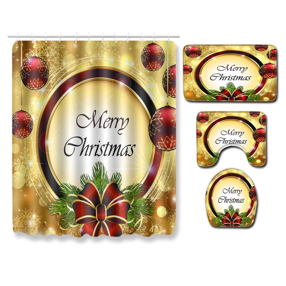 Christmas Waterproof Shower Curtain Floor Mat Four-Piece Set, Bathroom Water-Absorbing Non-Slip Door Mat, Shower Room Water-Absorbing Carpet
