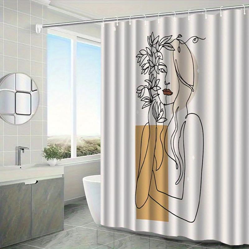 

Abstract Line Art Shower Curtain Woman Holding Flowers Beige And Mustard Design Waterproof Bath Curtain Modern Boho Decor W60H190(CM)-1 Pcs