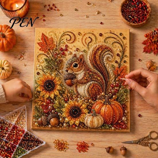 Festive Seasonal Craft Kits Autumn Faux Pearl Painting Kit, Fall Theme Art DIY Kit for Handmade Wall Decor Adults, Fox Pumpkin 3D Set Thanksgiving