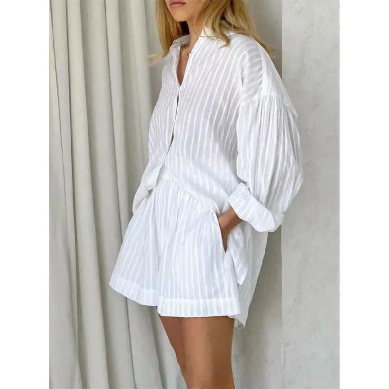 Striped Bubble Sleeve Shirt Shorts Set Stripes Puff Sleeve Shirt Shorts Suit