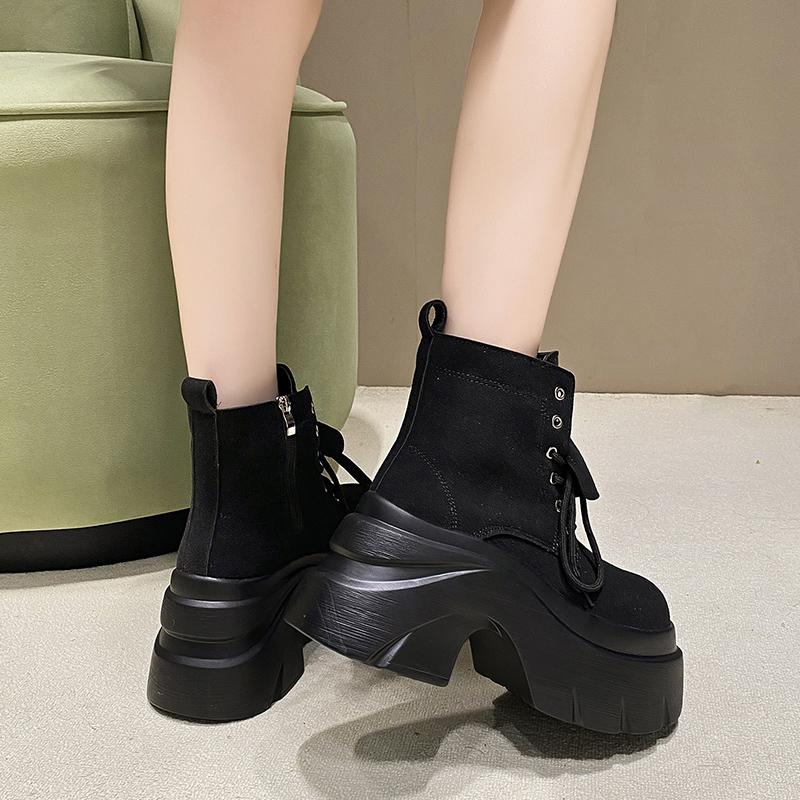 Mode Neue Damen High Platform Stiefeletten Herbst Winter Chunky Punk Schuhe Sneakers Frau Wildleder Motorradstiefel Mujer 9.5CM