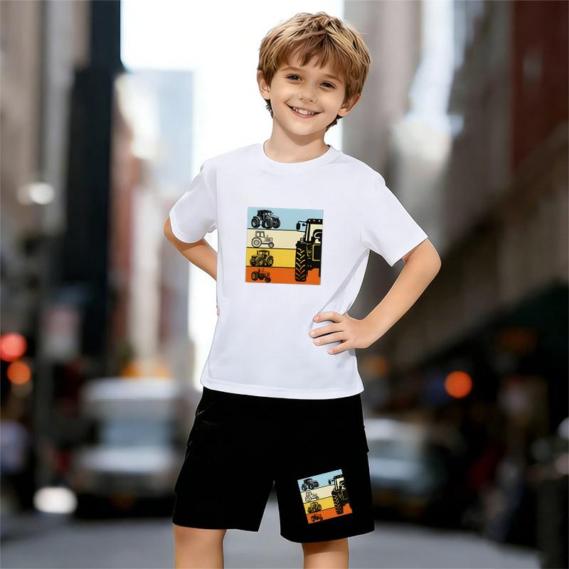 

Boys 2 Piece Cartoon Car Print Outfit, Short Sleeve T-Shirt and Shorts Set for Kids Age 5-14, Black and White Sporty Casual Summer Clothes 13-14 Years