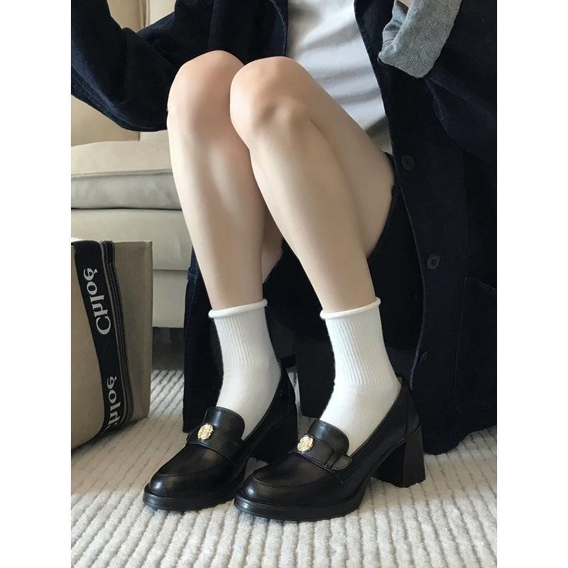 High sense! French loafers 2025 camellia black thick heel high heel single shoes British style small leather shoes