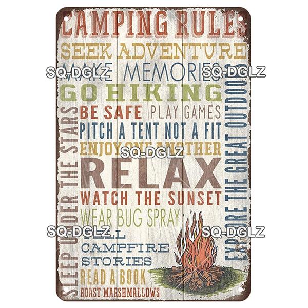 SQ-DGLZ Vintage Camping Rules Relax Metal Sign Plate Tin Sign Plate Home Bar Door Wall Decor Sticker Decoration Plaque Poster