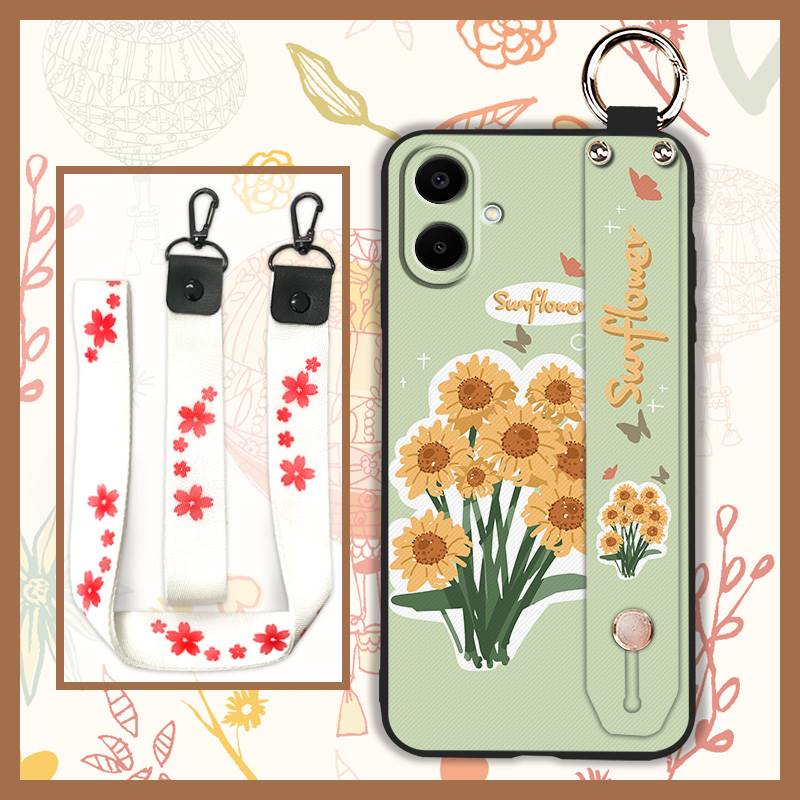 Durable Back Cover Phone Case For Samsung Galaxy A07 Flower Silicone Anti-knock Wrist Strap Shockproof Lanyard Anti-dust